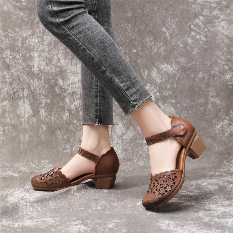 夏季新款包头凉鞋女百搭一字扣中空圆头中跟粗跟小皮鞋镂空妈妈鞋,淘宝优惠券,粉丝福利购,淘宝优惠卷