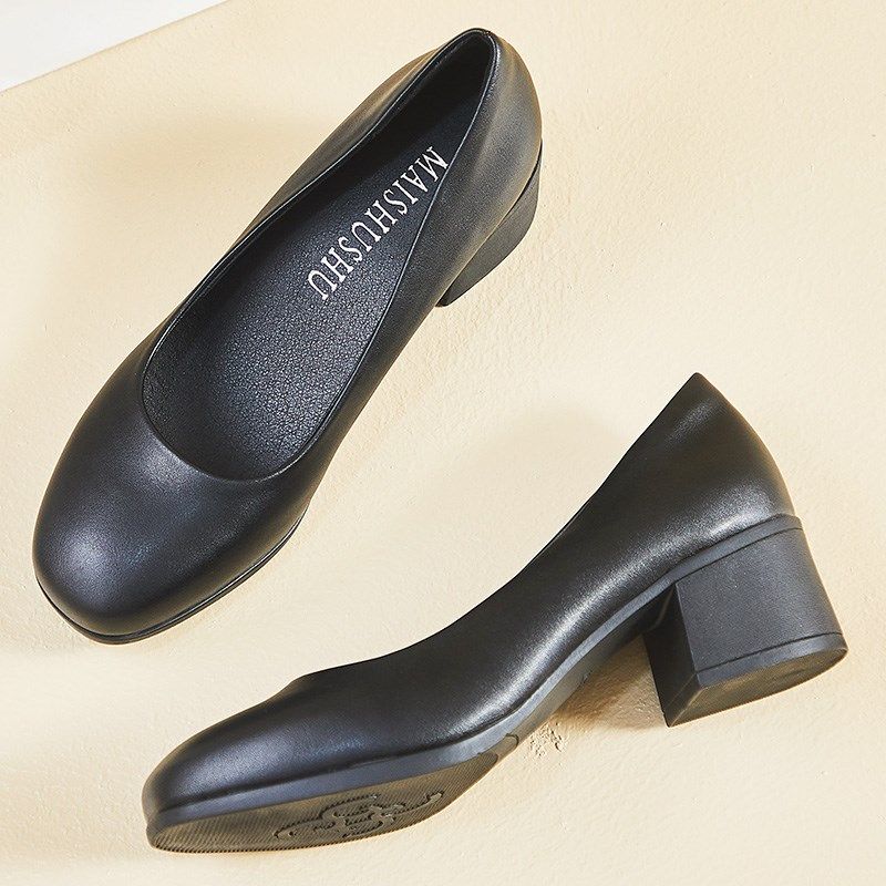 方头粗跟单鞋女全黑通勤中跟女皮鞋软底职业办公室前台黑色工作鞋,淘宝优惠券,粉丝福利购,淘宝优惠卷