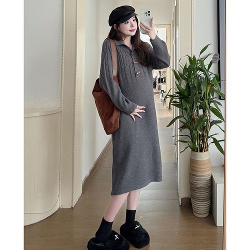 孕妇连衣裙秋冬粉色翻领麻花中长款慵懒风2024新款内搭打底毛衣裙 - 图1