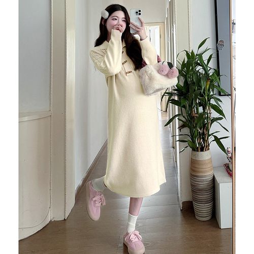 孕妇连衣裙秋冬粉色翻领麻花中长款慵懒风2024新款内搭打底毛衣裙 - 图2