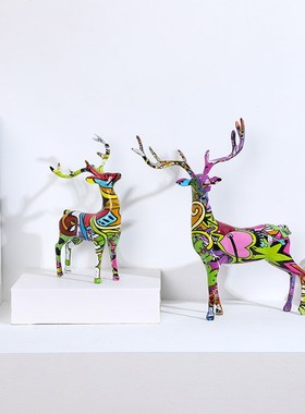 现代简约炫彩动物树脂工艺品客厅卧室软装情侣鹿创意样板间摆件