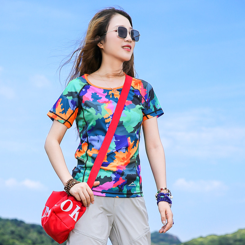 户外迷彩速干衣女短袖T恤修身显瘦弹力透气快干衣女运动徒步登山,淘宝优惠券,粉丝福利购,淘宝优惠卷