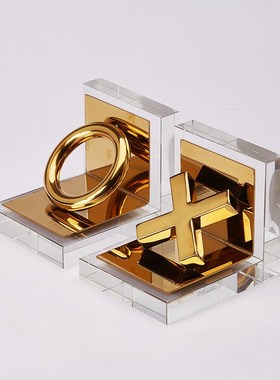 现代简约金属水晶书档摆件客厅书房酒店软装饰品创意别墅书靠摆设