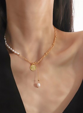 十里间【一半一半】百搭复古金币珍珠项链抽拉吊坠锁骨链