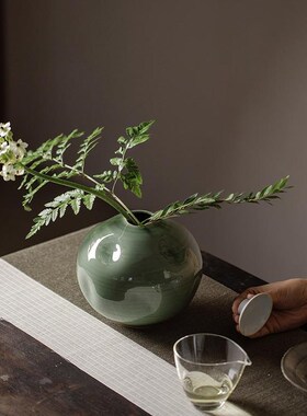 越窑青瓷日式禅意插花p花瓶家居客厅装饰品摆件酒店样板房大号花