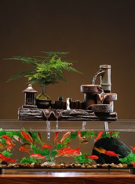 日式玻璃鱼缸造景摆件自循环流水喷泉客厅家居办公U室装饰开业礼