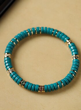 天然原矿绿松石手串新中式国风高瓷蓝绿色珠串手链叠戴女款素圈男