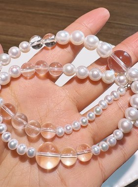 天然淡水真珍珠搭配天然白水晶项链轻奢小众锁骨链正品绝美颈链