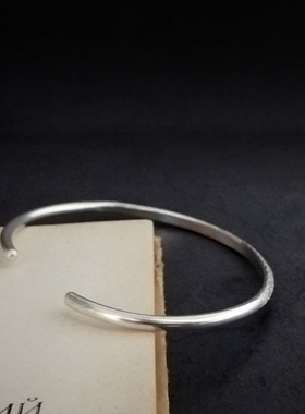 秋叶夏花手工纯银手镯女《當下》纯银999哑光百搭实心开口细镯子