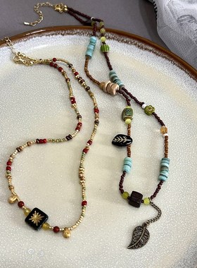 小众设计复古名族风撞色绿色树叶串珠锁骨链项链国风叠戴颈链配饰