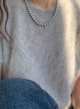 清冷银灰色强光人造珍珠项链秋冬毛衣链轻奢女高级感卫衣配饰