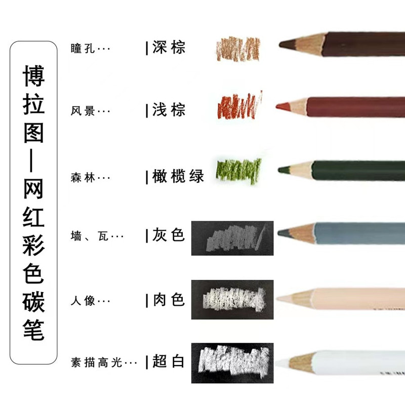 彩色素描炭笔美术生专业彩碳笔白色高光笔黑色棕色肉色灰色绘画笔,淘宝优惠券,粉丝福利购,淘宝优惠卷