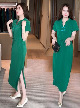 时尚气质连衣裙女中长款2025夏季新款高级感盘扣收腰开叉短袖裙子