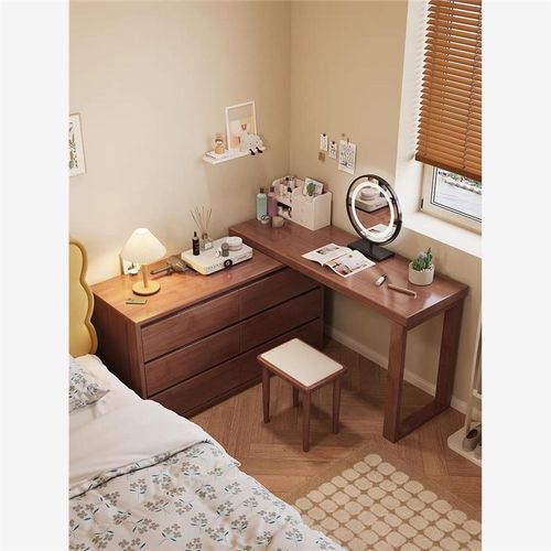 全实木北欧梳妆台斗柜书桌一体卧室转角化妆桌可伸缩L型收纳柜 - 图0