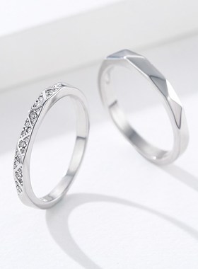 纯银925新款菱形镶钻闭口戒指小众设计情侣对戒刻字求婚戒送女友