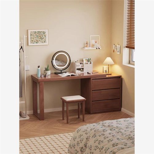 全实木北欧梳妆台斗柜书桌一体卧室转角化妆桌可伸缩L型收纳柜 - 图3