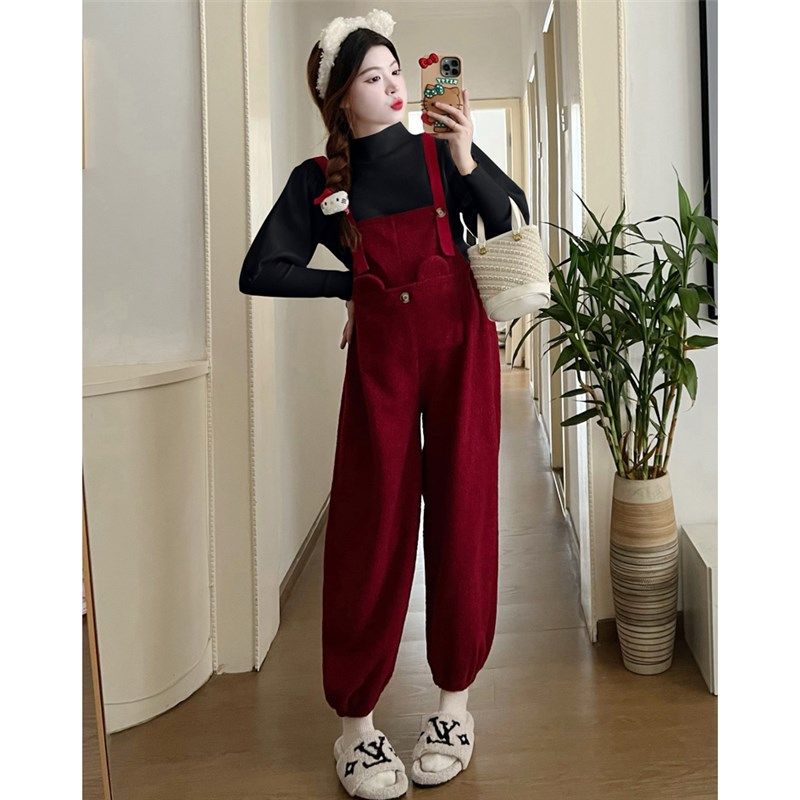 孕妇套装秋冬2023新款加绒加厚宽松可调节抽绳过年红背带裤打底衫,淘宝优惠券,粉丝福利购,淘宝优惠卷