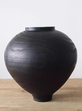 覆古圆肚花瓶木质侘寂风插花器摆件客厅餐桌装饰桌面轻奢高级黑色