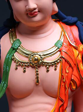 桧木精雕彩绘描金自在观音菩萨莲花底座神像摆件供奉佛像装饰品