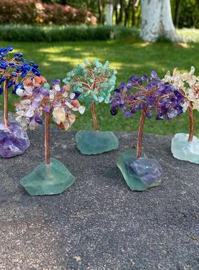 天然石紫水晶粉红水晶原矿石铜线彩色水晶砾石生命树手工桌面家居