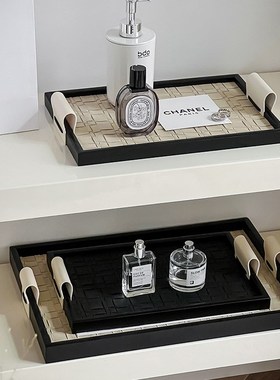 轻奢黑灰色皮质香薰托盘高级感置物收纳盘客厅茶几桌面软装装饰品