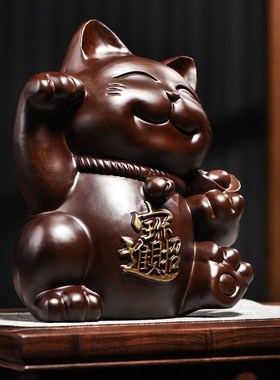 木雕摆件招财猫实木质雕刻店铺店面开业收银台摆设红木头工艺礼品