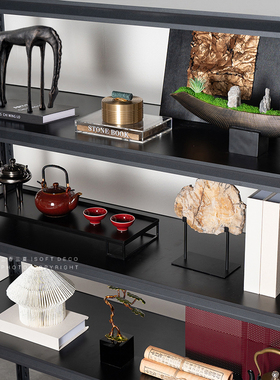 新中式书柜书架装饰摆件茶室茶柜博古架展示柜样板间书房软装饰品