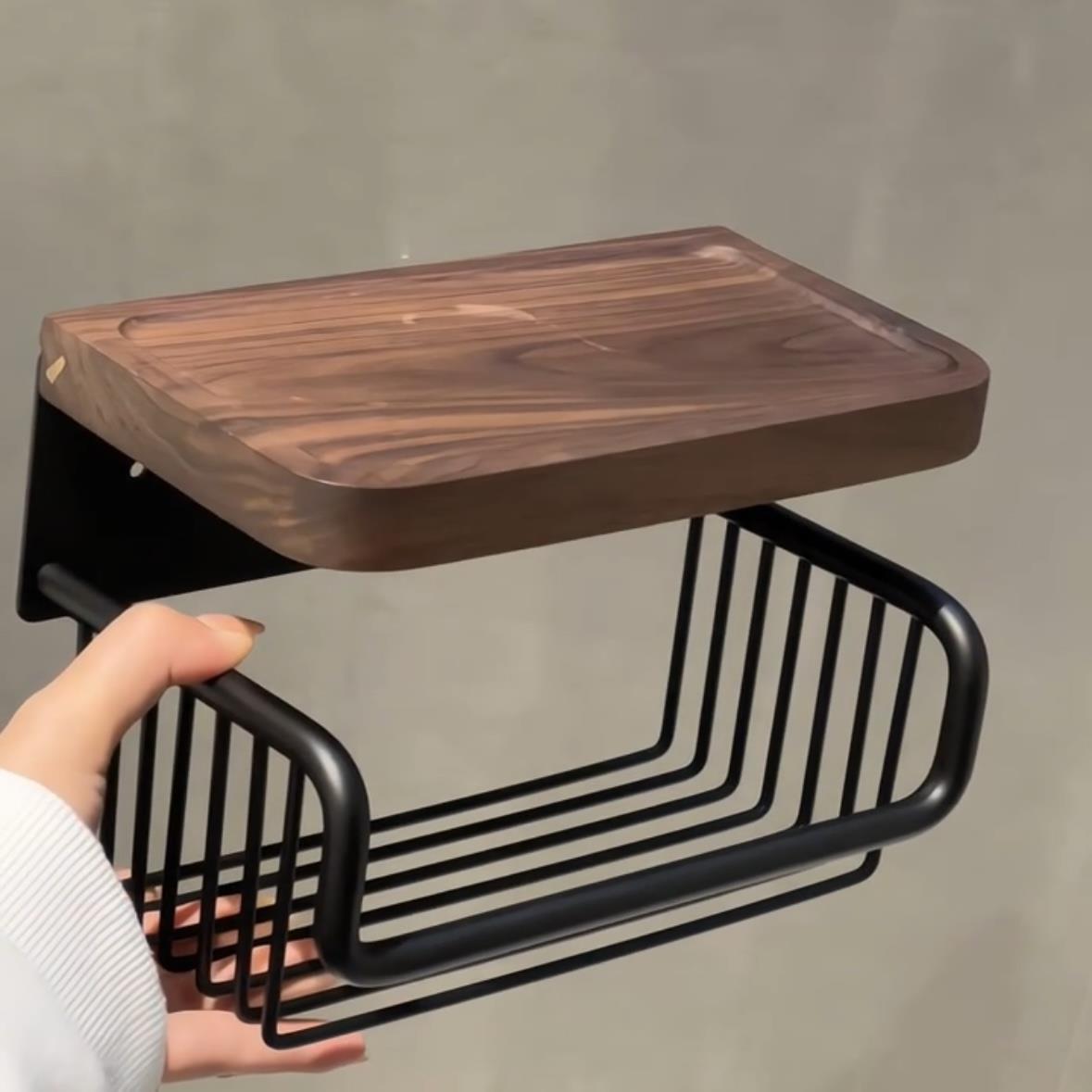 胡桃木卫生间纸巾盒壁挂式厕所卷纸架洗手间简约实木免打孔置物架 - 图1