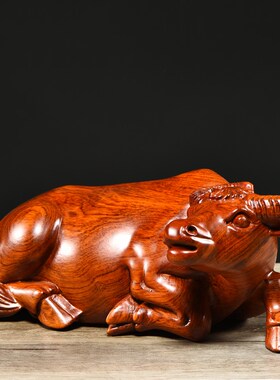 花梨木雕刻水牛摆件实木红木生肖卧牛家居客厅办公装饰送礼工艺品