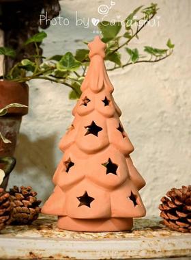 红陶圣诞树摆件生日礼物可爱卧室星星陶瓷小夜灯透光氛围灯