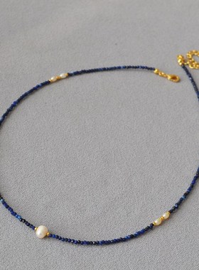 韩国小众设计刻面青金石串珠淡水米粒小珍珠极细简约气质短款项链