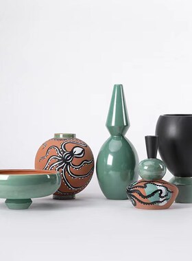 新中式轻奢绿色花器n装饰品客厅陶瓷葫芦插花花瓶房间玄关高端摆