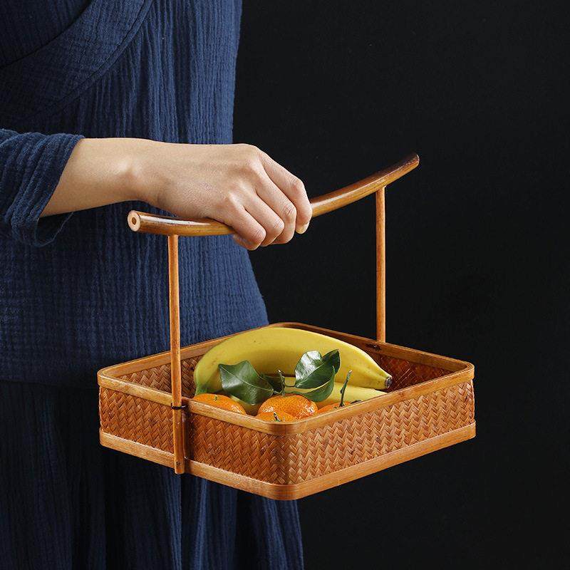 手工竹编大漆提篮中式覆古茶具收纳筐家用圆形水果篮点心篮整理筐,淘宝优惠券,粉丝福利购,淘宝优惠卷