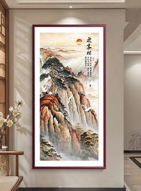 迎客松国画山水画入户对门玄关挂画新中式装饰画竖版走廊过道壁画