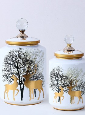 描金高档陶瓷装饰罐欧式家居陶瓷摆件样板间玄关客厅摆饰