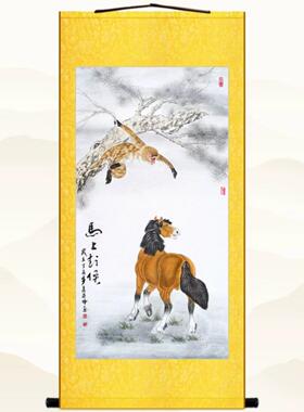 马上封侯图 奔马骏马猴子丝绸挂画 覆古书房客厅装饰画玄关卷轴画