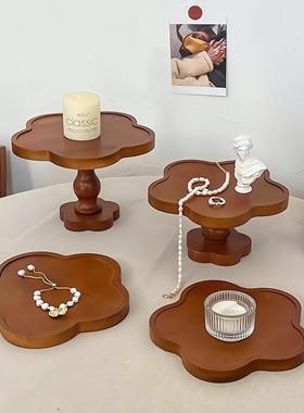 覆古玄关置物架木质装饰摆件香薰蜡烛托盘甜点盘花朵式实木收纳盘