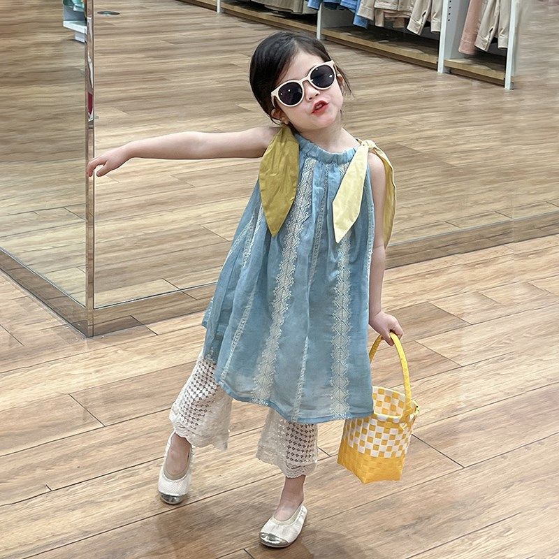 水蓝夏日刺绣连衣裙蕾丝微喇叭裤女童儿童夏款童装套装清新吊带裙