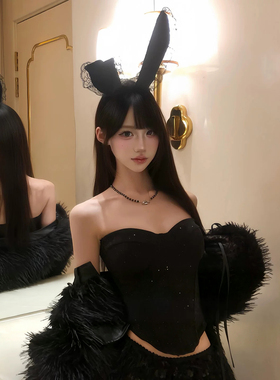 万圣节cos兔女郎头饰纯欲黑色蕾丝兔耳朵发箍性感禁欲系发卡配饰