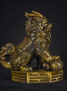 铜麒麟摆件公母一对镇宅客厅住宅大门玄关财黄铜制踩八卦麒麟大号