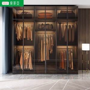 索菲亚实木衣柜卧室家用玻璃门L型现代轻奢转角衣帽间收纳柜子组
