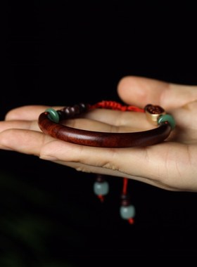 复古典雅紫檀半镯多宝手链设计款檀木镯民族风情侣祥云招财手链