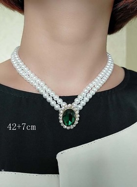 女礼服旗袍蕾丝裙配饰双层珍珠项链长短款套装复古优雅宴会锁骨链