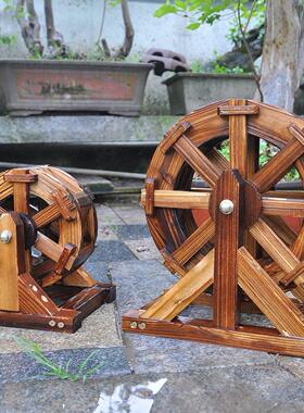 桌面风水轮摆件水车假山流水防腐木制鱼池公司户外风车天然装饰