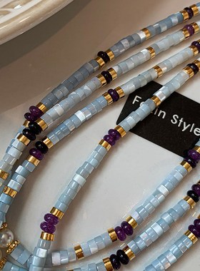 天然白蝶贝浅蓝色串珠项链女夏轻奢小众锁骨链高级感2024新款颈链