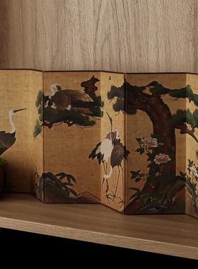 日式美学花鸟松雪山水画图双面桌面小屏风茶桌屏风茶室背景摆件