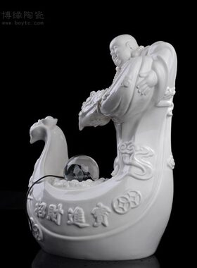 陶瓷招财弥勒流水雾化空气加湿滚珠白瓷弥勒家居办公装饰摆件