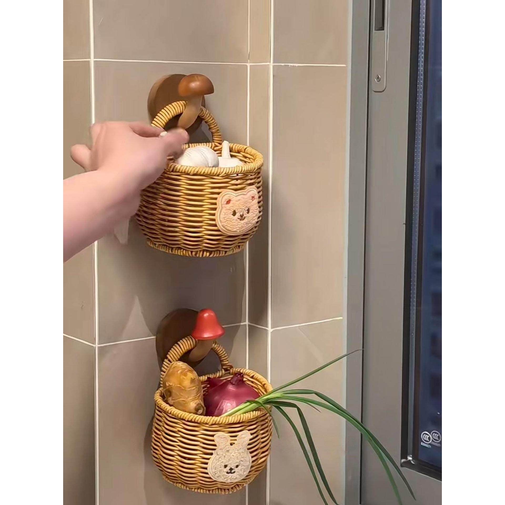 姜蒜收纳篮卡通小熊厨房藤编织鸡蛋生姜大蒜收纳筐壁挂式置物盒,淘宝优惠券,粉丝福利购,淘宝优惠卷