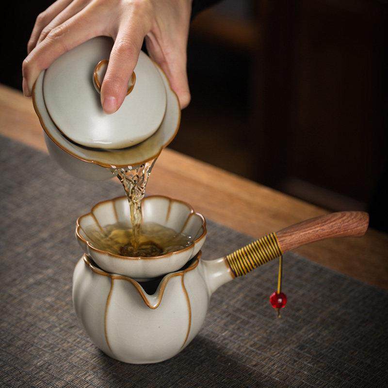 加厚汝窑公道杯陶瓷茶滤一体套装侧把公杯景德镇木把茶海茶具配件,淘宝优惠券,粉丝福利购,淘宝优惠卷