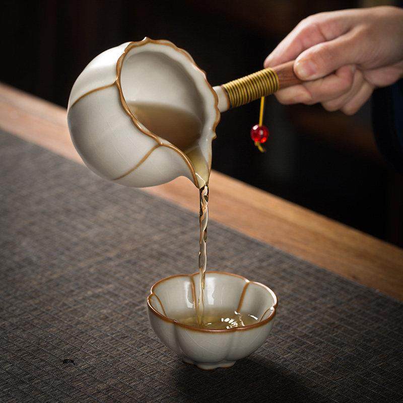 加厚汝窑公道杯陶瓷茶滤一体套装侧把公杯景德镇木把茶海茶具配件,淘宝优惠券,粉丝福利购,淘宝优惠卷